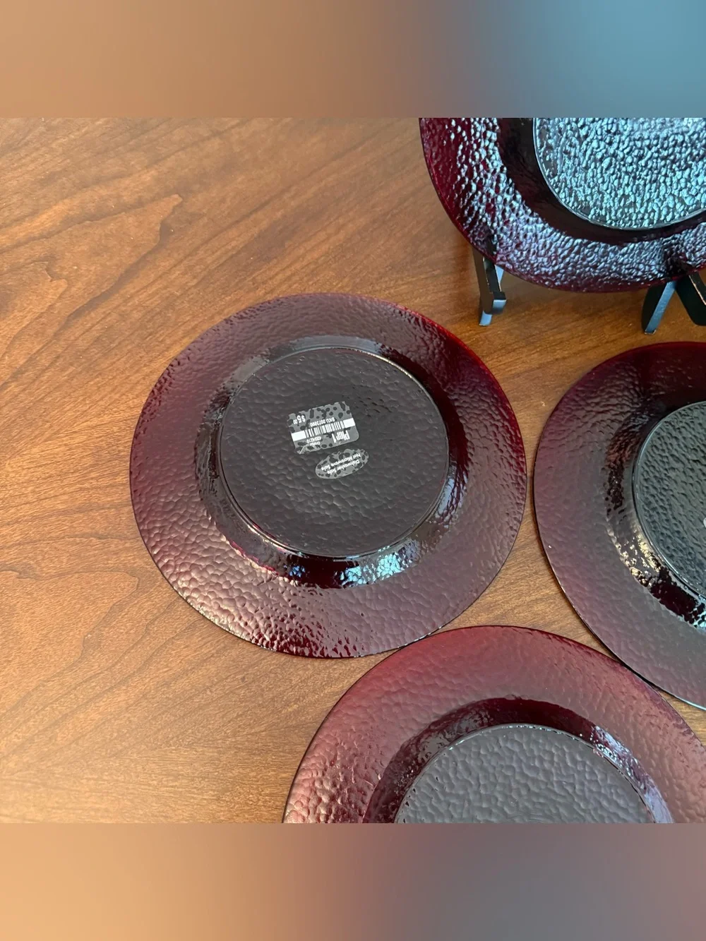 Set of 4 VTG Pier 1 Ruby Red Salad Plates - Smooth Mirror Top, Textured Bottom